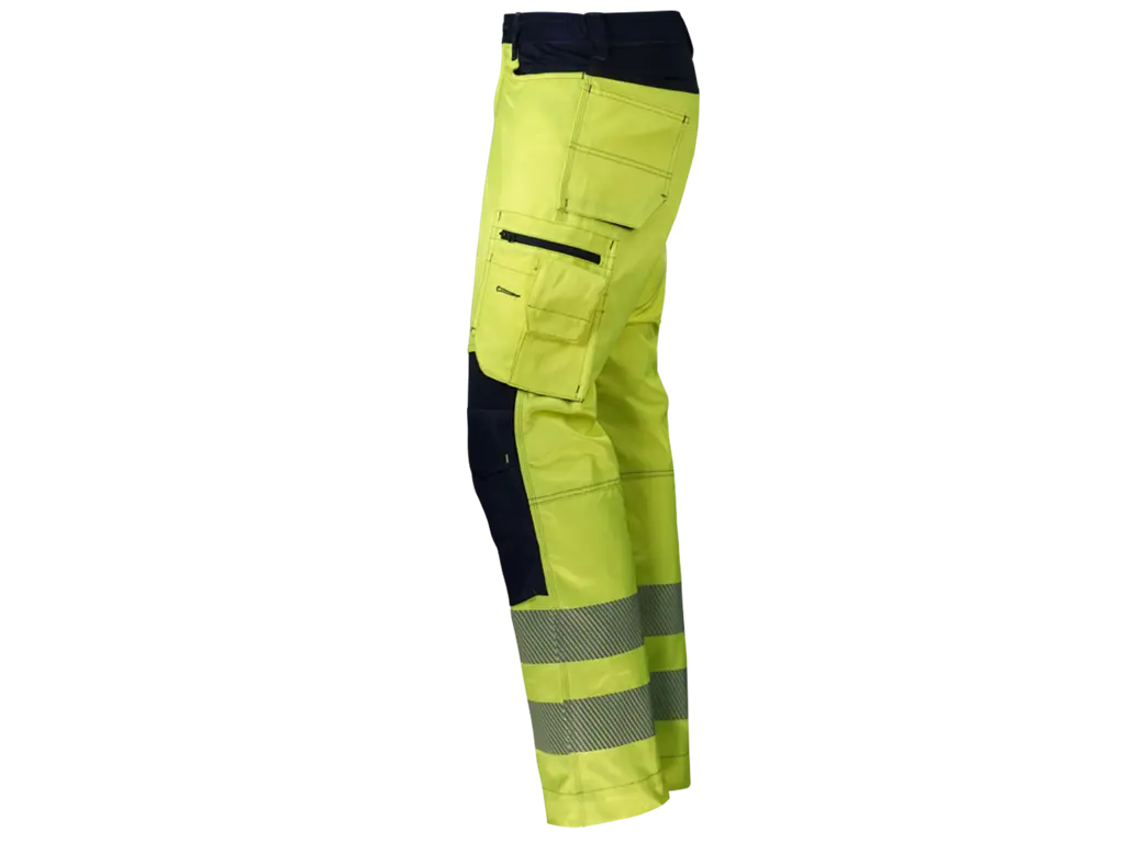 Vista laterale pantaloni imbottiti alta visibilità con tasche multifunzione