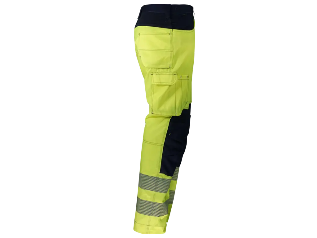 Vista laterale pantaloni imbottiti alta visibilità con tasche multifunzione