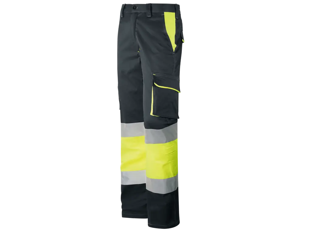Pantaloni da lavoro Alta Visibilità Grigio Giallo imbottiti in flanella, multitasche, elasticizzati, con bande riflettenti cucite