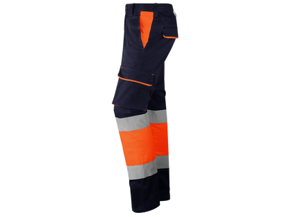Pantaloni da lavoro Alta Visibilità Blu Arancio imbottiti in flanella, multitasche, elasticizzati, con bande riflettenti cucite
