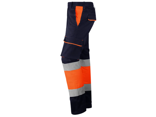 Pantaloni da lavoro Alta Visibilità Blu Arancio imbottiti in flanella, multitasche, elasticizzati, con bande riflettenti cucite