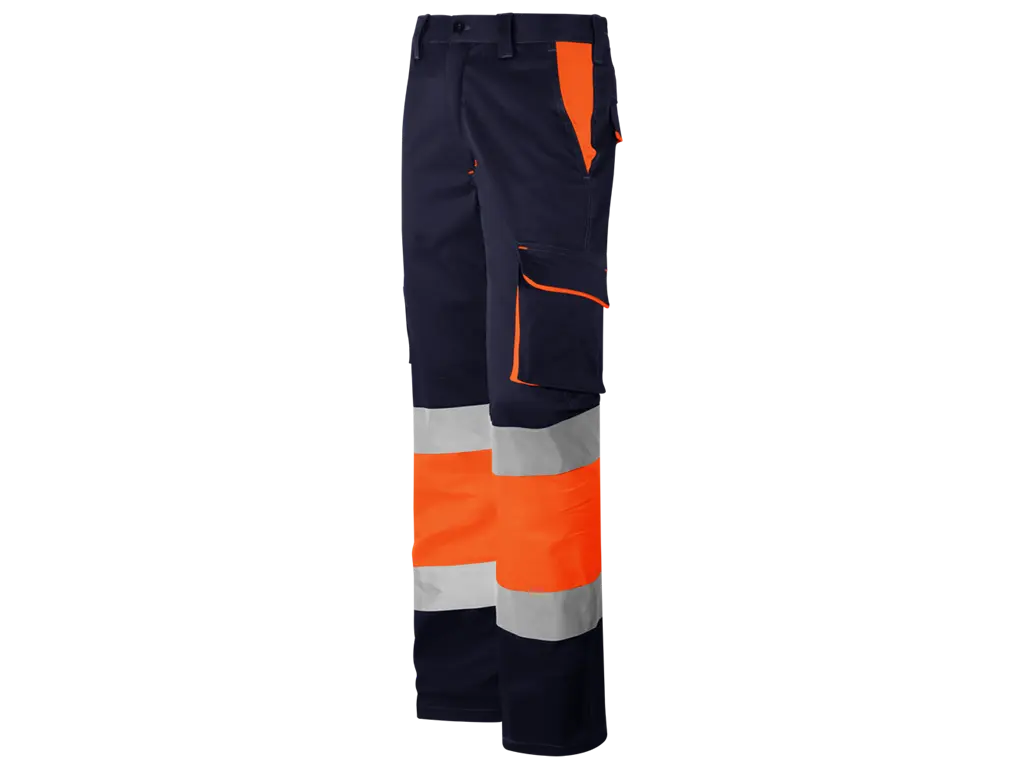 Pantaloni da lavoro Alta Visibilità imbottiti in flanella, multitasche, elasticizzati, con bande riflettenti cucite vista frontale sx
