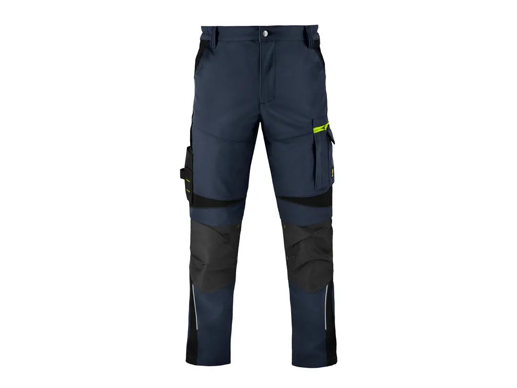Pantaloni da lavoro blu navy modello Powerflex, vista frontale, con tasche multifunzione e dettagli riflettenti sulle gambe