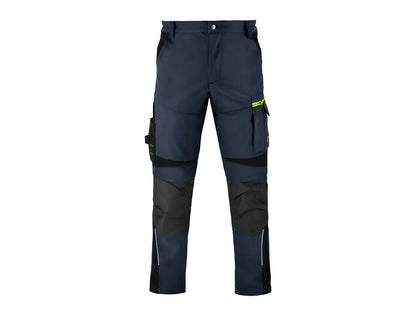 Pantaloni da lavoro blu navy modello Powerflex, vista frontale, con tasche multifunzione e dettagli riflettenti sulle gambe