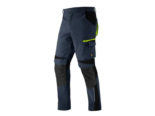 Pantaloni da lavoro Softshell Powerflex in blu navy, vista laterale, con rinforzi su ginocchia e tasche, elasticizzati e foderati in pile