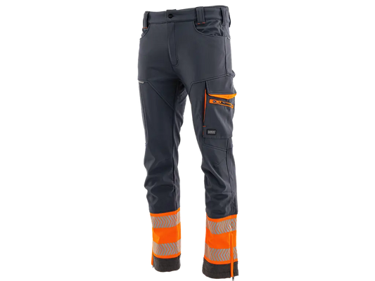 Pantaloni softshell da lavoro COMFORT NEO WINTER foderati neri con inserti alta visibilità grigio arancio fluorescente