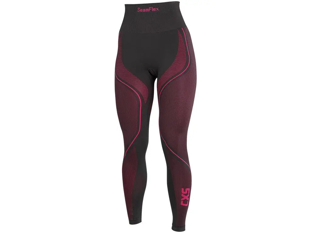 Pantaloni termici SeamFlex da donna senza cuciture nero e rosa, intimo tecnico traspirante vista frontale.