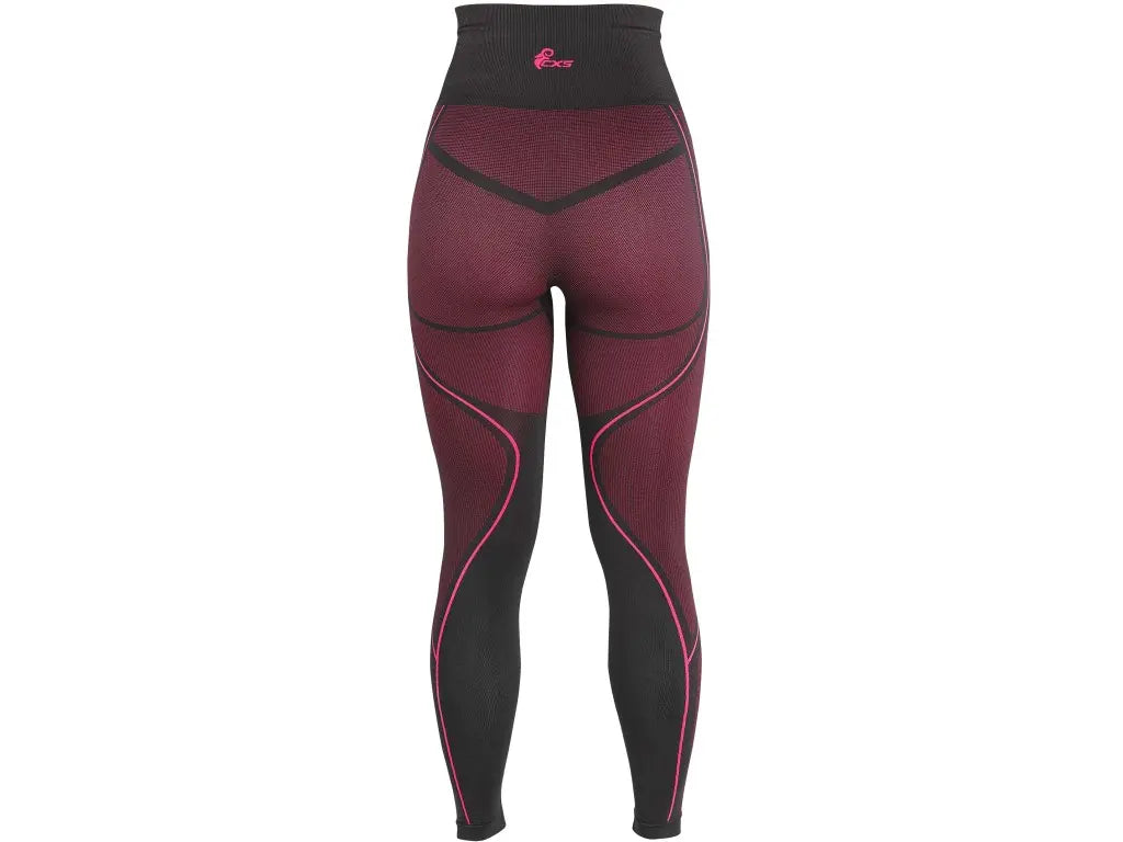Vista posteriore dei pantaloni termici SeamFlex da donna senza cuciture, intimo tecnico elasticizzato nero e rosa.