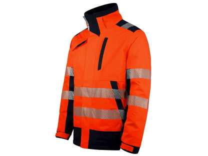 Parka ergonomico invernale Alta Visibilità, materiale riciclato, con cappuccio staccabile e bande riflettenti segmentate. Arancio Blu.