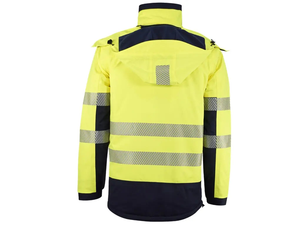 Parka ergonomico invernale Alta Visibilità, materiale riciclato, con cappuccio staccabile e bande riflettenti segmentate. Giallo Blu. Vista cappuccio