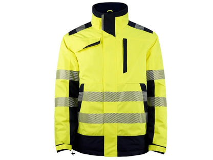 Parka ergonomico invernale Alta Visibilità, materiale riciclato, con cappuccio staccabile e bande riflettenti segmentate. Giallo Blu. Vista frontale
