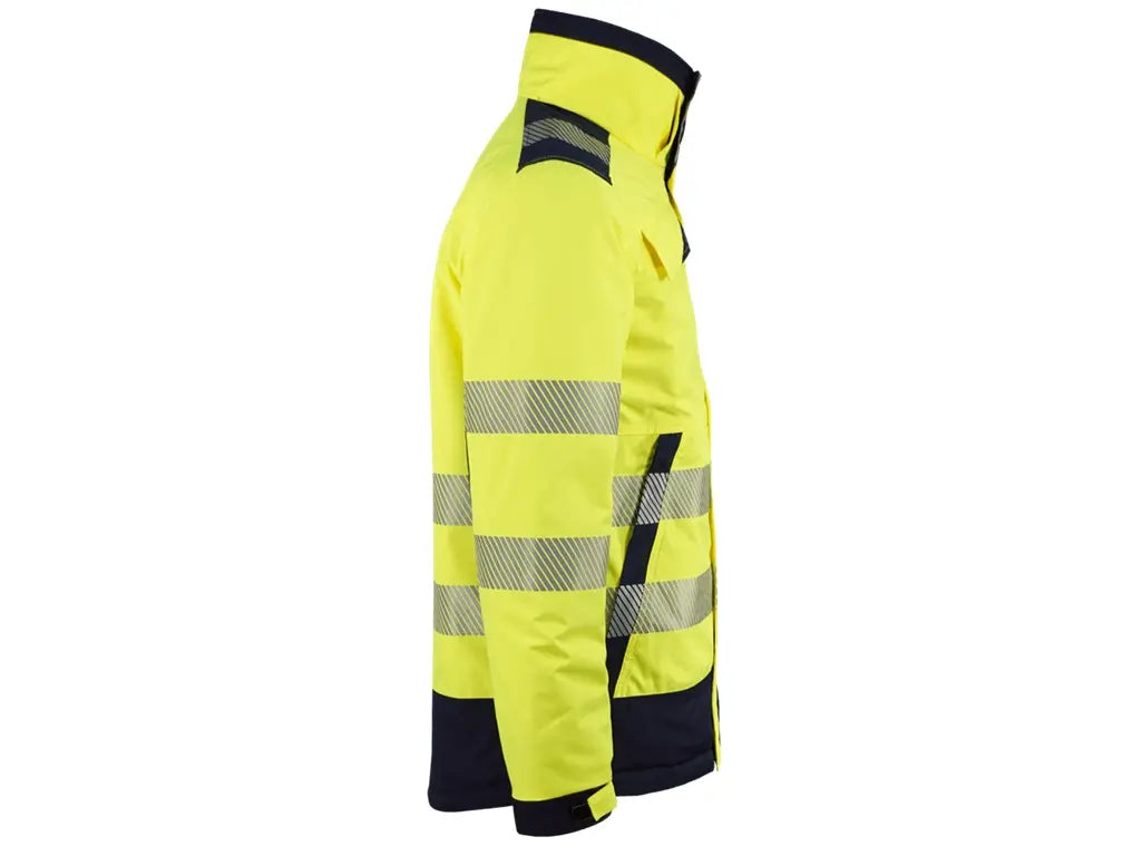 Parka ergonomico invernale Alta Visibilità, materiale riciclato, con cappuccio staccabile e bande riflettenti segmentate. Giallo Blu. Vista lato dx