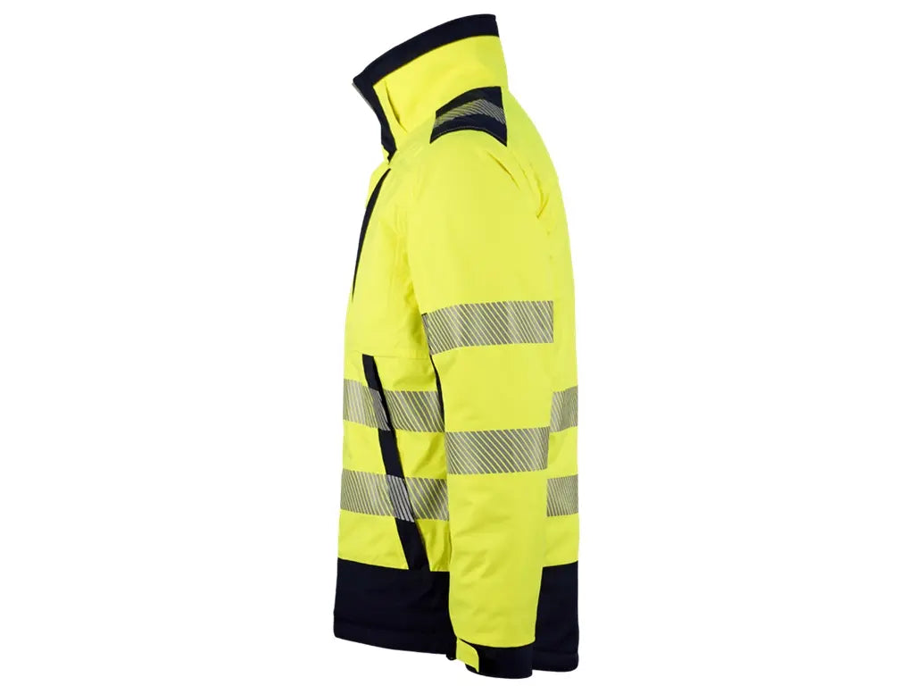 Parka ergonomico invernale Alta Visibilità, materiale riciclato, con cappuccio staccabile e bande riflettenti segmentate. Giallo Blu. Vista lato sx