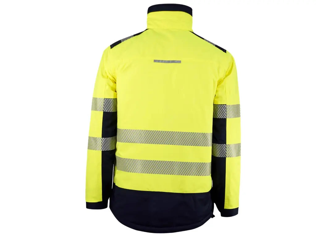 Parka ergonomico invernale Alta Visibilità, materiale riciclato, con cappuccio staccabile e bande riflettenti segmentate. Giallo Blu. Vista posteriore