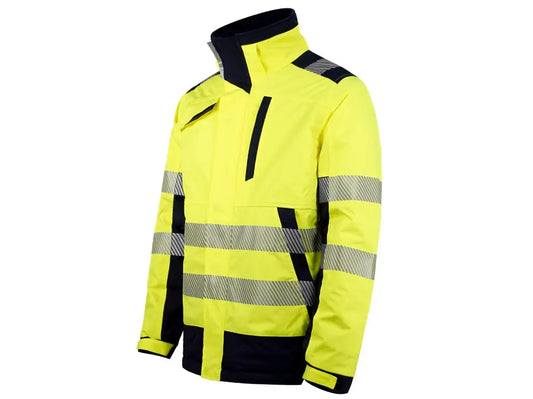 Parka ergonomico invernale Alta Visibilità, materiale riciclato, con cappuccio staccabile e bande riflettenti segmentate. Giallo Blu