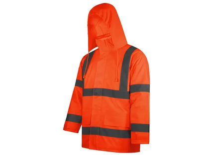 Parka Alta Visibilità Oxford Basic Arancio, invernale, cuciture termosaldate, bande riflettenti cucite, cappuccio a scomparsa. Vista con cappuccio.