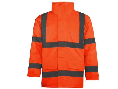 Parka Alta Visibilità Oxford Basic Arancio, invernale, cuciture termosaldate, bande riflettenti cucite, cappuccio a scomparsa. Vista frontale.