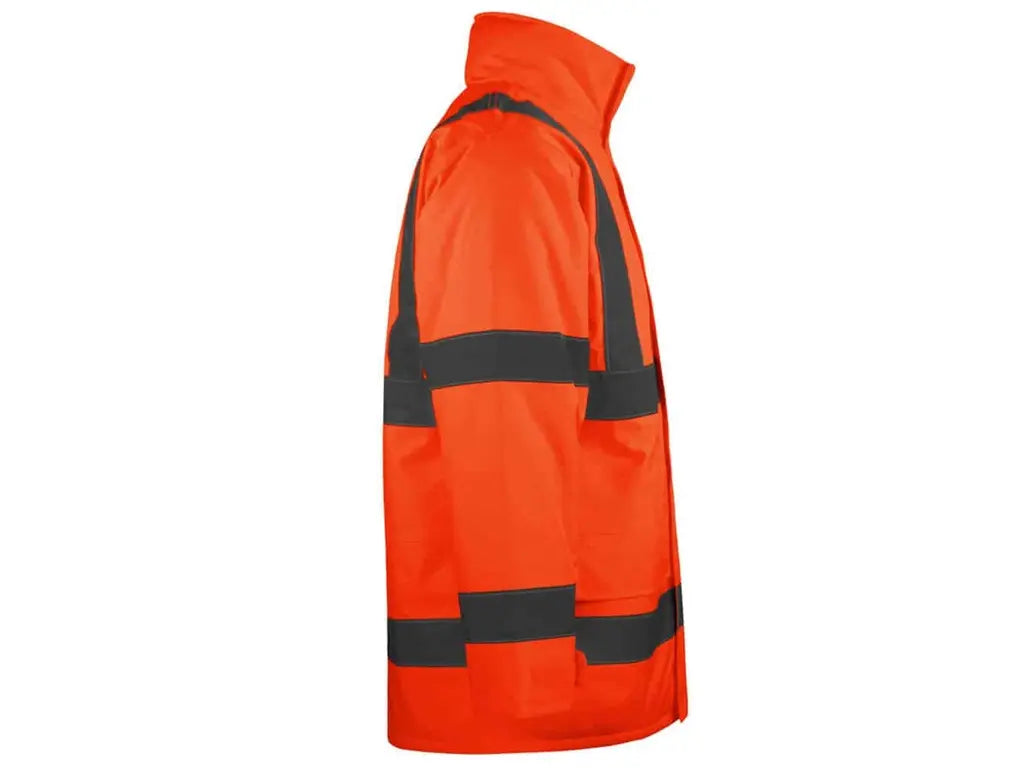 Parka Alta Visibilità Oxford Basic Arancio, invernale, cuciture termosaldate, bande riflettenti cucite, cappuccio a scomparsa. Vista laterale dx.
