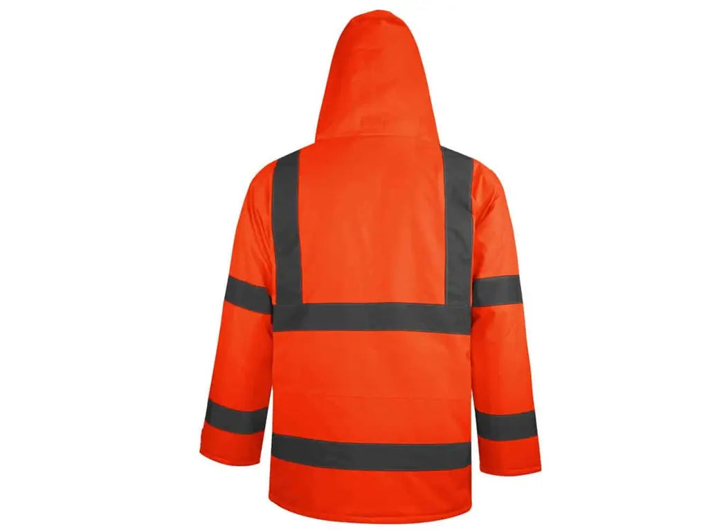 Parka Alta Visibilità Oxford Basic Arancio, invernale, cuciture termosaldate, bande riflettenti cucite, cappuccio a scomparsa. Vista posteriore.