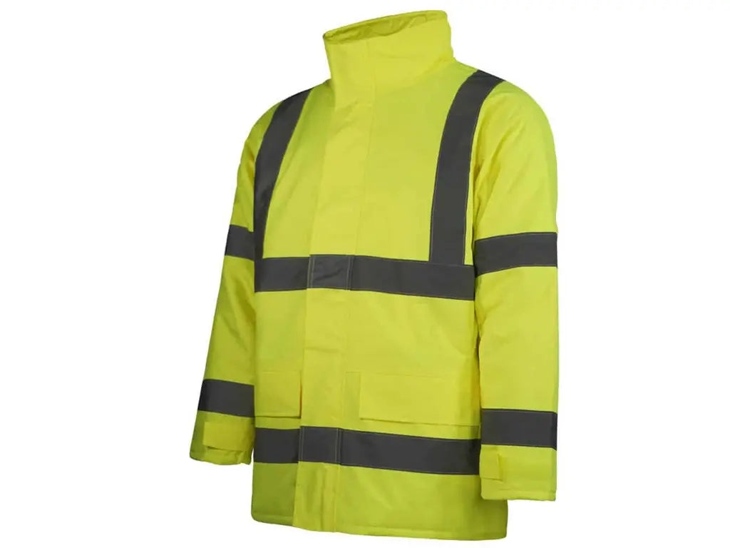 Parka Alta Visibilità Oxford Basic Giallo, invernale, cuciture termosaldate, bande riflettenti cucite, cappuccio a scomparsa. 