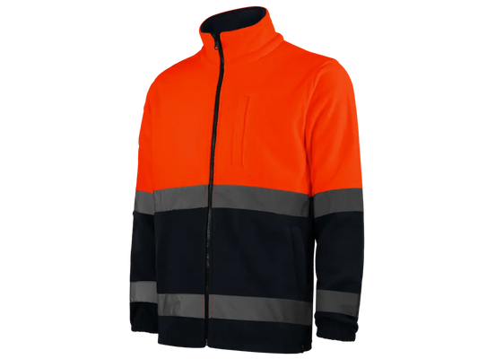 Pile da lavoro Alta Visibilità bi-colore Arancio Blu, zip intera, bande riflettenti cucite, certificato EN ISO 20471
