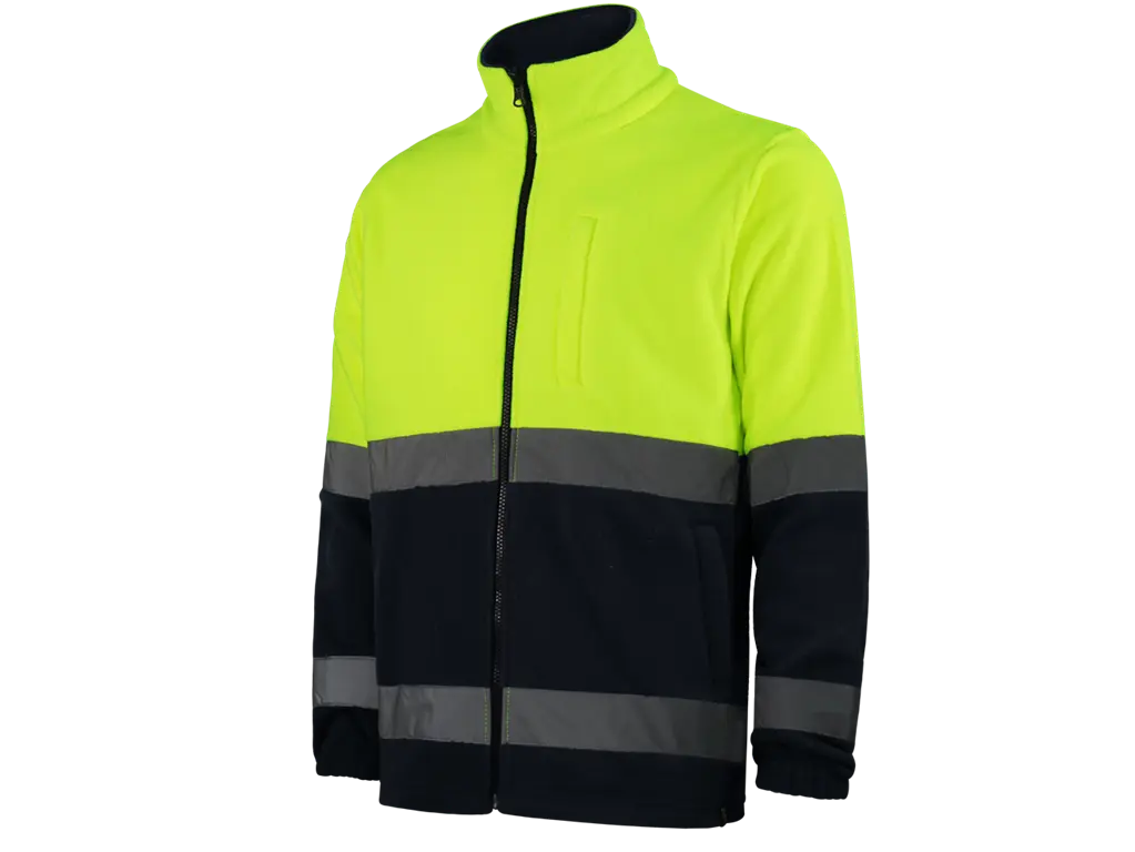 Pile da lavoro Alta Visibilità bi-colore Giallo Blu, zip intera, bande riflettenti cucite, certificato EN ISO 20471