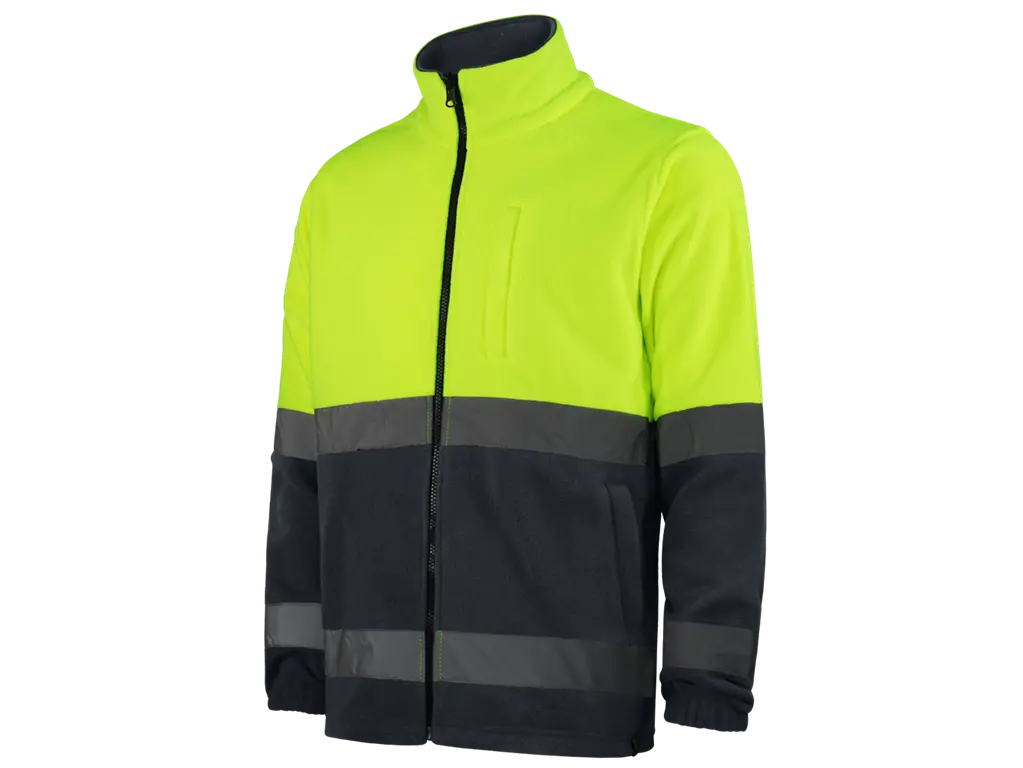 Pile da lavoro Alta Visibilità bi-colore Giallo grigio, zip intera, bande riflettenti cucite, certificato EN ISO 20471