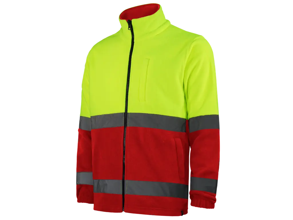 Pile da lavoro Alta Visibilità bi-colore Giallo Rosso, zip intera, bande riflettenti cucite, certificato EN ISO 20471