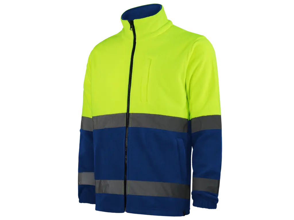 Pile da lavoro Alta Visibilità bi-colore Giallo Royal, zip intera, bande riflettenti cucite, certificato EN ISO 20471