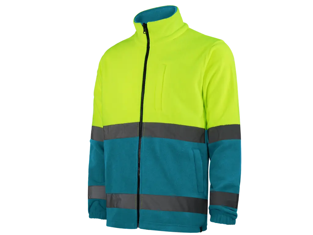Pile da lavoro Alta Visibilità bi-colore Giallo Turchese, zip intera, bande riflettenti cucite, certificato EN ISO 20471