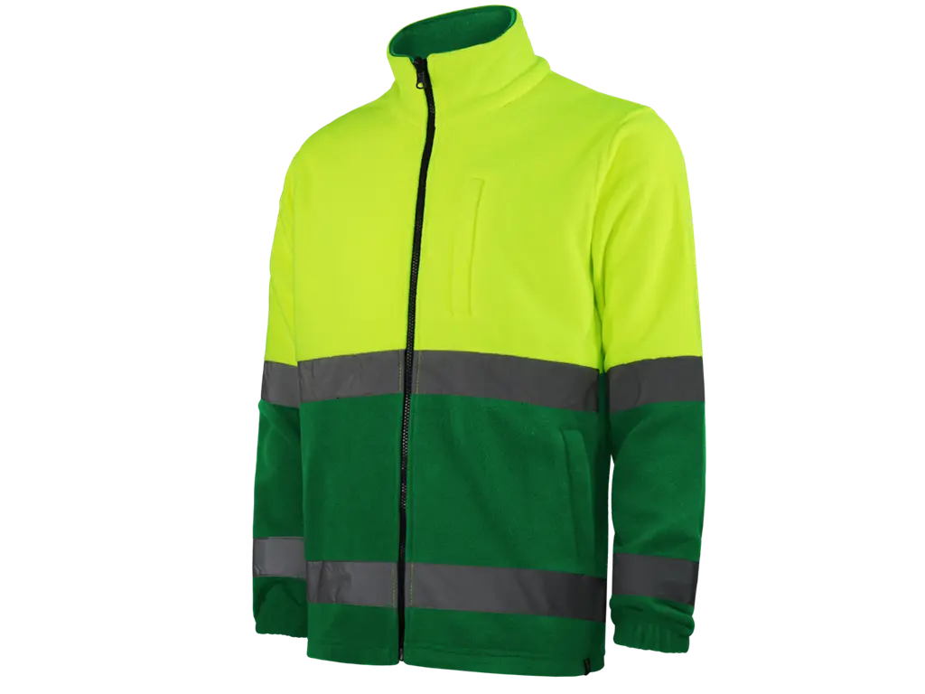 Pile da lavoro Alta Visibilità bi-colore Giallo Verde, zip intera, bande riflettenti cucite, certificato EN ISO 20471