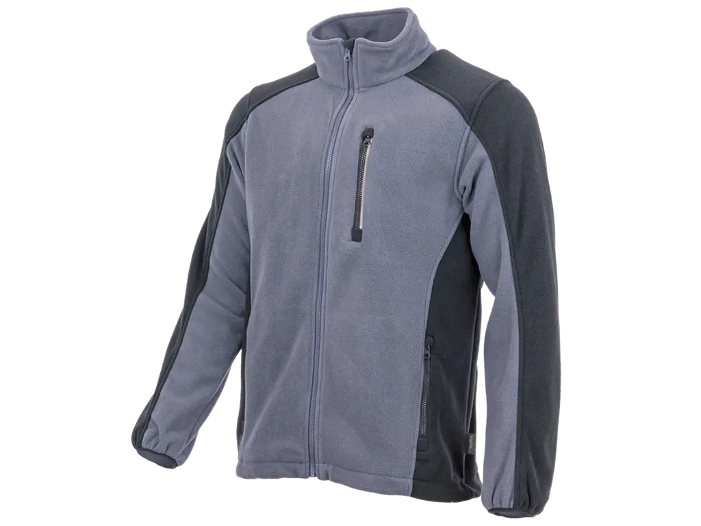 Pile da lavoro STANDARD PLUS grigio e nero con zip integrale, tasca sul petto e tasche laterali con zip, inserti riflettenti e vestibilità ergonomica.