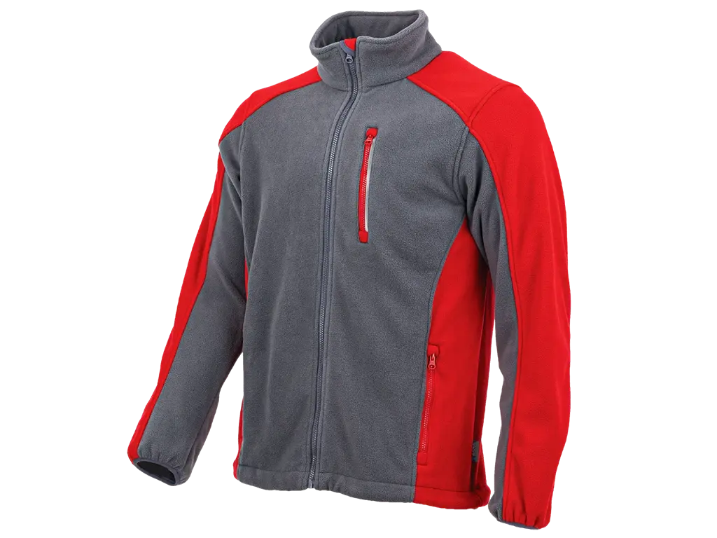 Pile da lavoro STANDARD PLUS grigio e rosso con zip integrale, tasca sul petto e tasche laterali con cerniera.