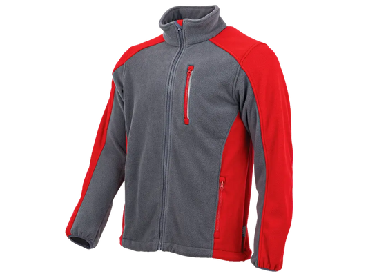 Pile da lavoro STANDARD PLUS grigio e rosso con zip integrale, tasca sul petto e tasche laterali con cerniera.