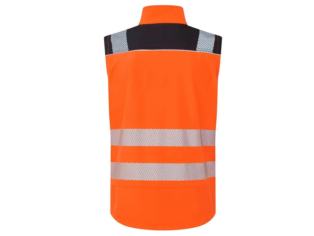 Gilet da lavoro Softshell alta visibilità Arancio PW3, antivento e impermeabile, bande riflettenti HiVisTex Pro, tasche multiple. Vista posteriore
