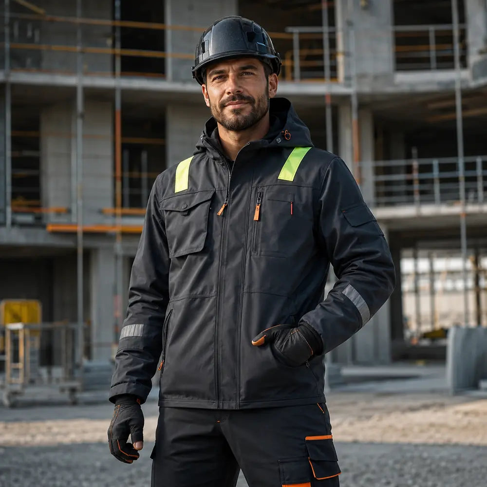 Operatore edile con abbigliamento da lavoro e DPI in cantiere