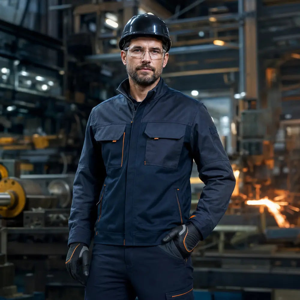 Tecnico industriale con abbigliamento da lavoro e DPI in stabilimento