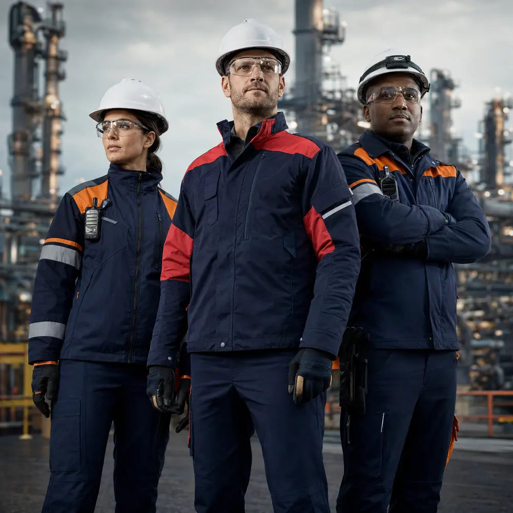 Team industriale con abbigliamento da lavoro multinorma e DPI