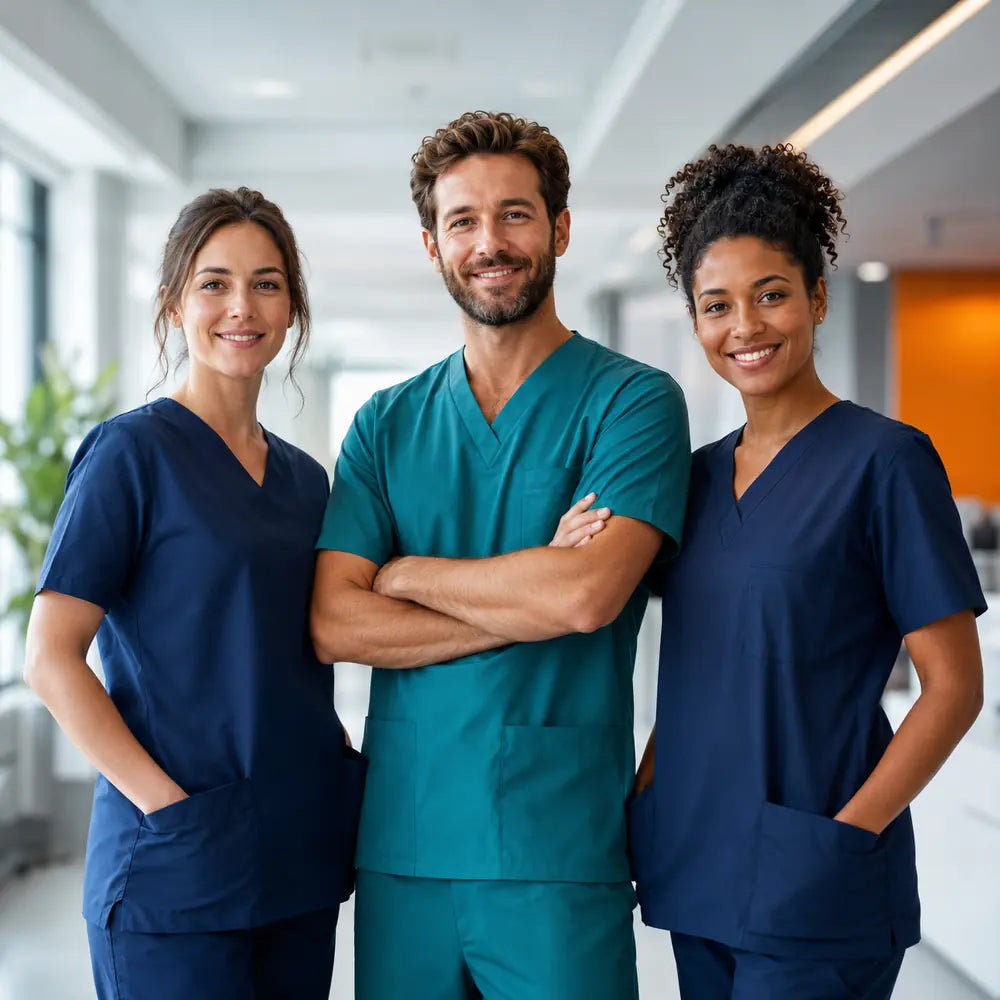 Professionisti sanitari con divise da lavoro in ambiente clinico