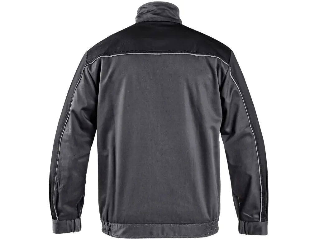 Spalle della Giacca da lavoro Orion da uomo grigia con inserti neri, elastico in vita e chiusura con zip coperta, adatta per vari settori lavorativi
