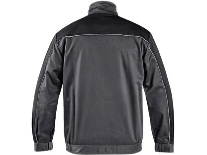 Spalle della Giacca da lavoro Orion da uomo grigia con inserti neri, elastico in vita e chiusura con zip coperta, adatta per vari settori lavorativi