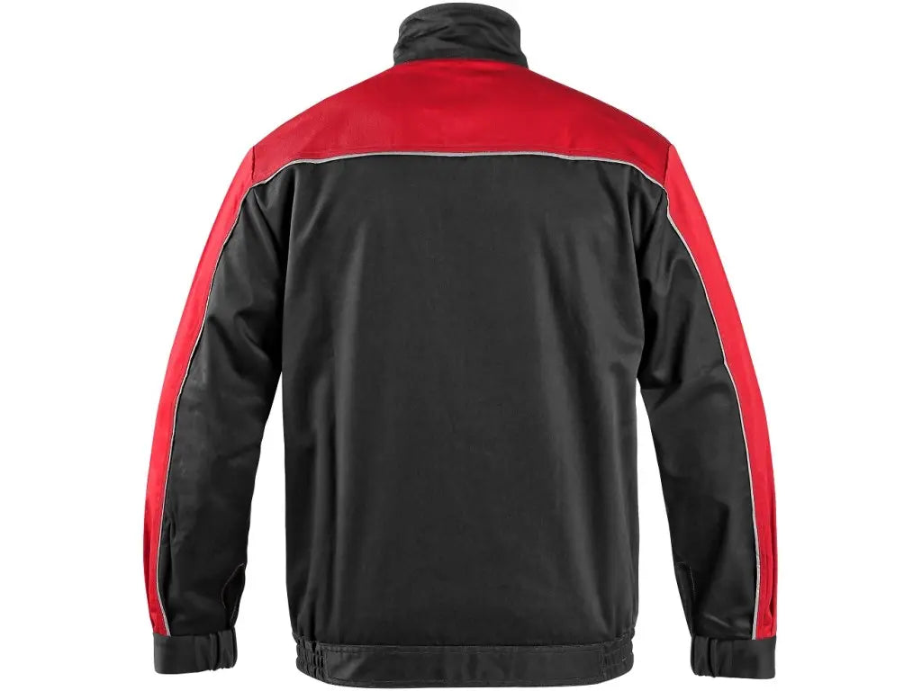 Spalle della Giacca da lavoro Orion da uomo nera con inserti rossi, elastico in vita e chiusura con zip coperta, adatta per logistica e officina