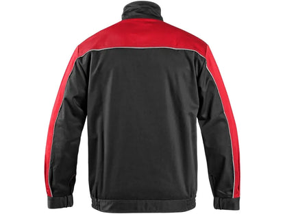Spalle della Giacca da lavoro Orion da uomo nera con inserti rossi, elastico in vita e chiusura con zip coperta, adatta per logistica e officina