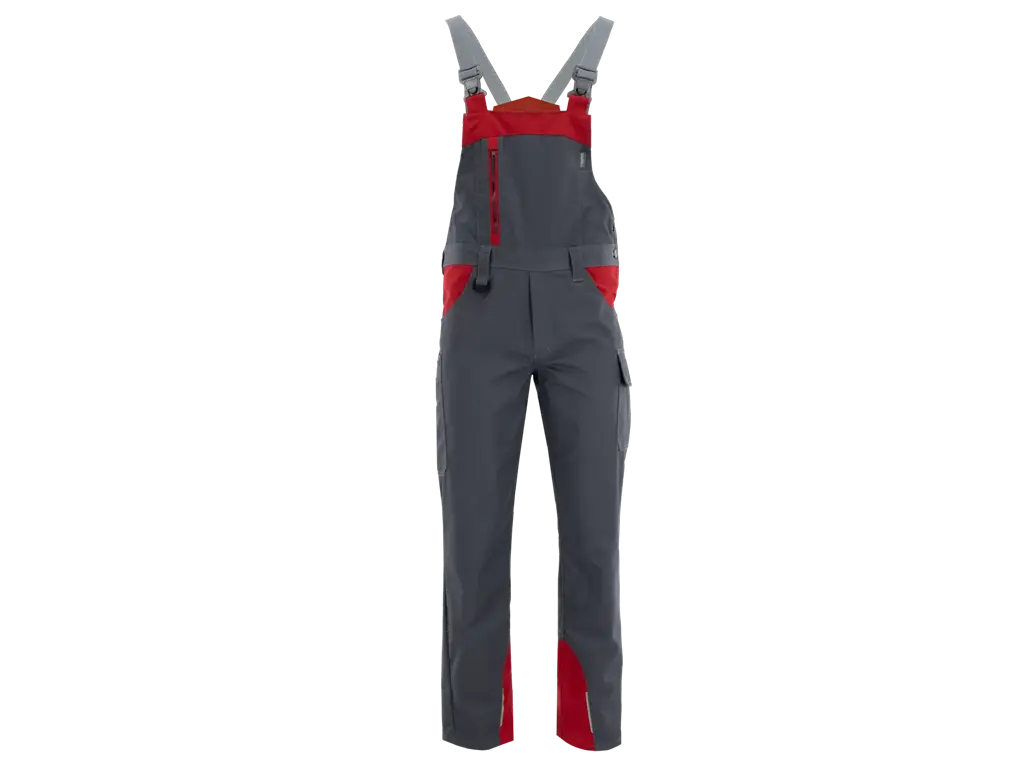 salopette lavoro grigio rosso con bretelle regolabili e tasche tecniche