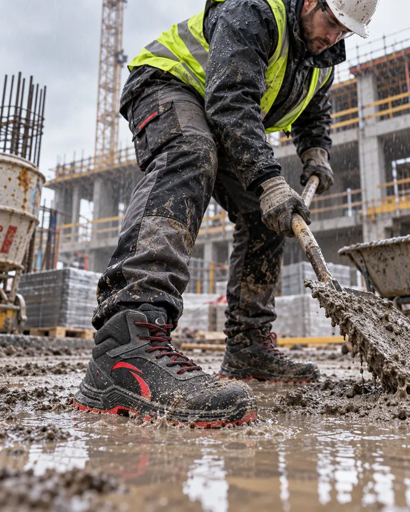 Operatore al lavoro in cantiere con scarpe antinfortunistiche alte CHESTER impermeabili, in condizioni avverse.