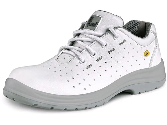 Scarpa da lavoro WHITE LINDEN O1 ESD bianca perforata – microfibra 1,8–2,0 mm, suola PU-PU SR FO
