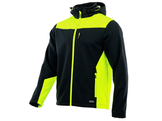 Softshell da lavoro NEW COMFORT nero giallo con cappuccio e dettagli riflettenti