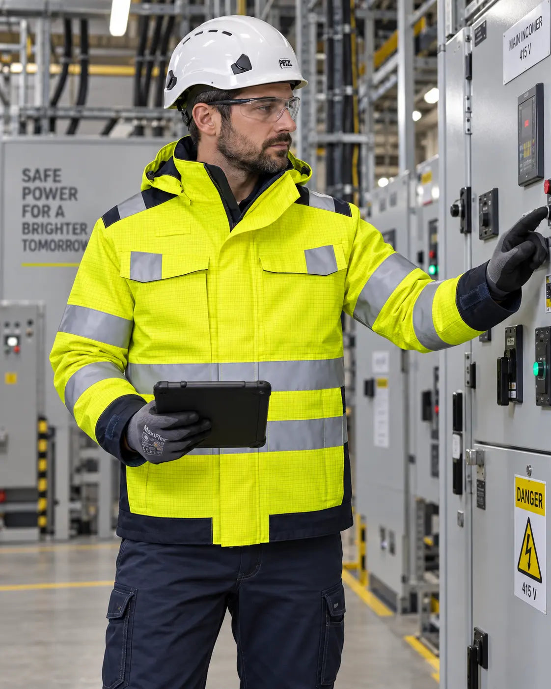 Tecnico elettrico con giacca multinorma Portwest MV70 APC 2 in impianto elettrico industriale