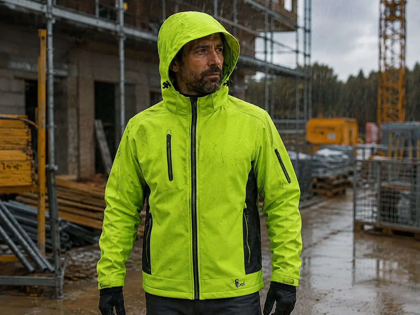 Tecnico al lavoro in cantiere sotto la pioggia con giubbotto Softshell DURHAM impermeabile e antivento.